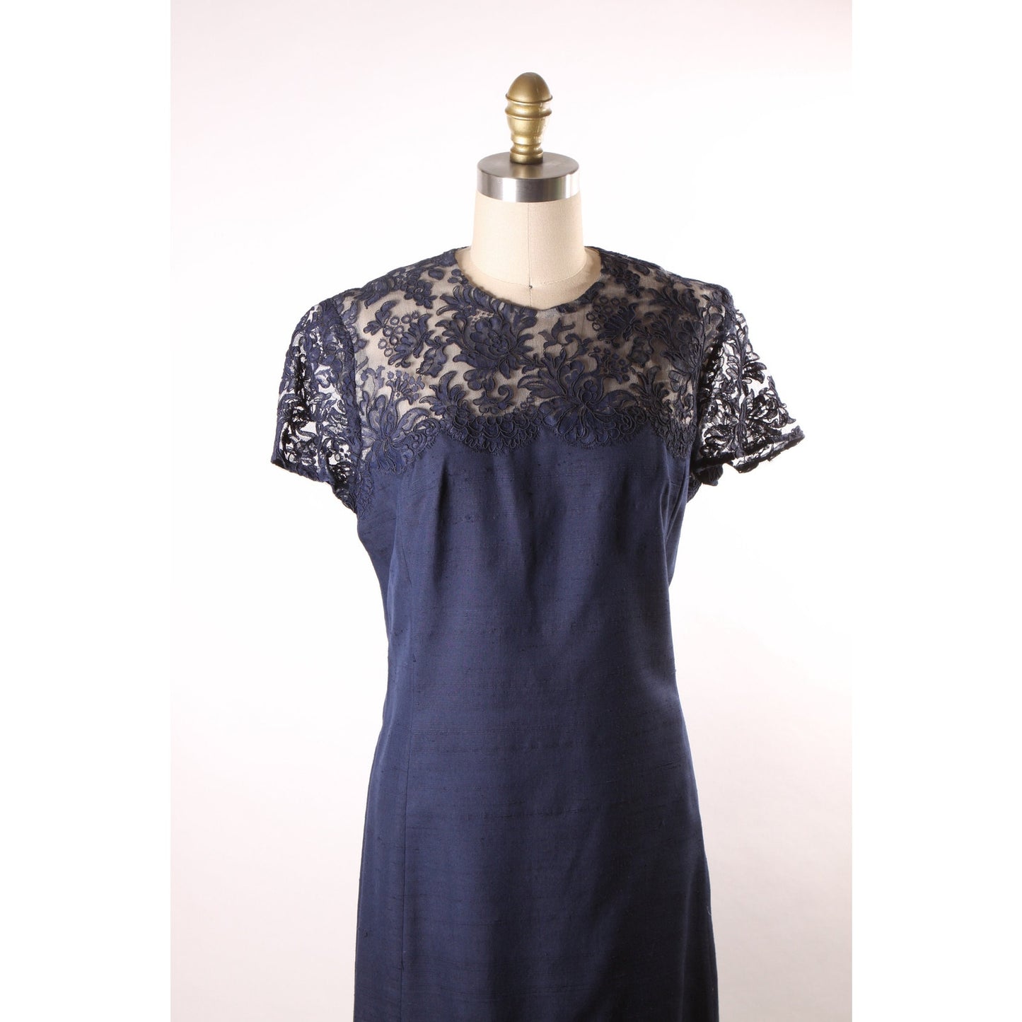 1960s Navy Blue Short Sleeve Sheer Lace Overlay Shift Dress with Matching Long Sleeve Jacket Two Piece Outfit Dress Suit -M-L