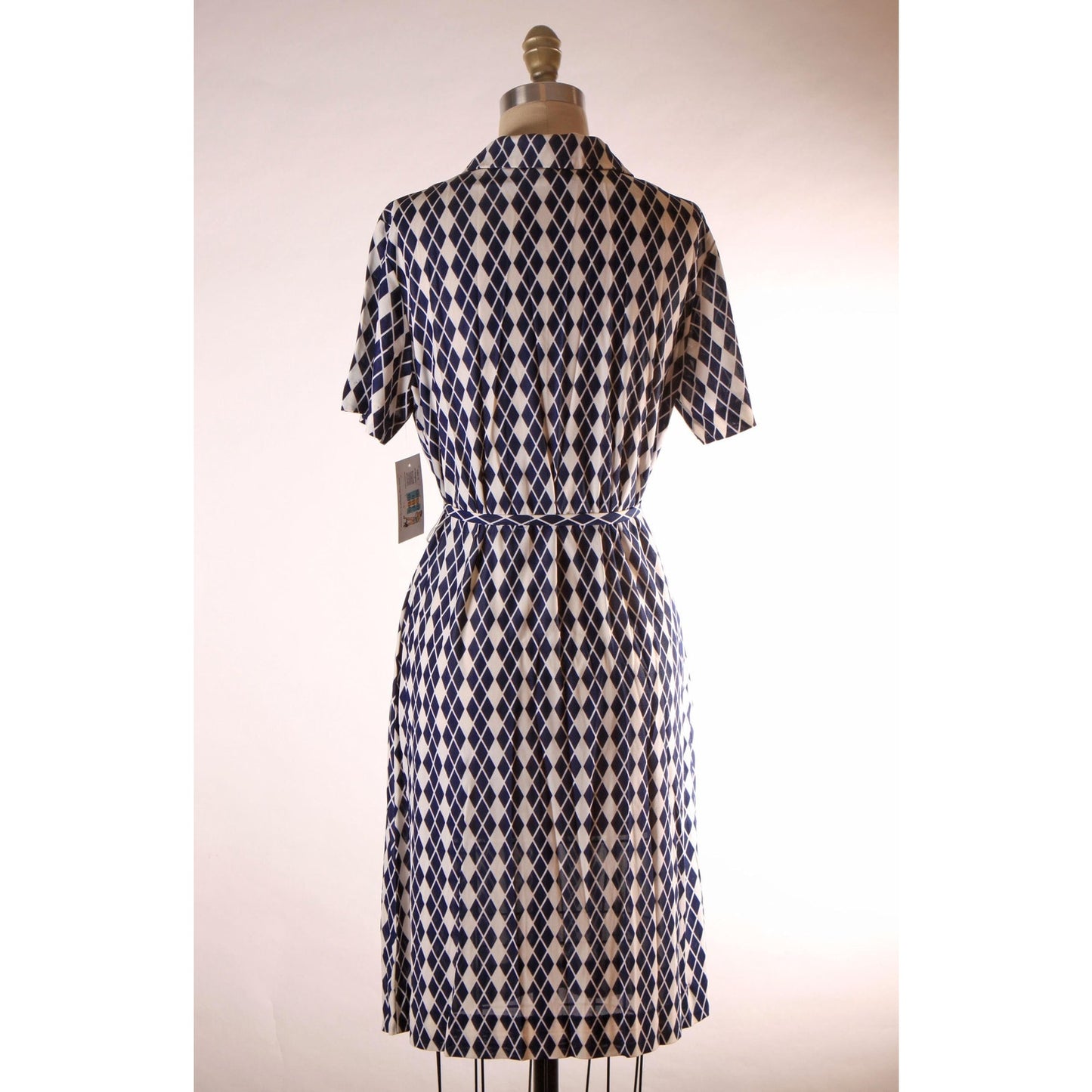 1960s Blue and White Harlequin Print Short Sleeve Belted Dress by RS Apparel -L