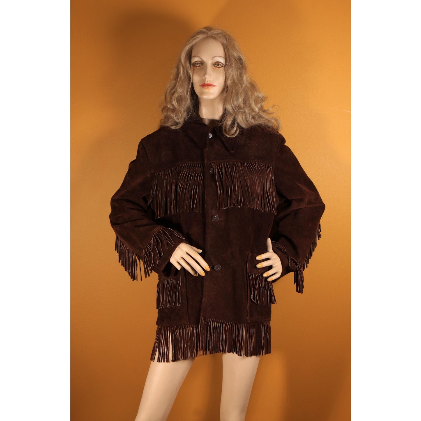 1970s Dark Brown Long Sleeve Fringe Western Suede Leather Mens Coat by Rice Sports Wear -M-L