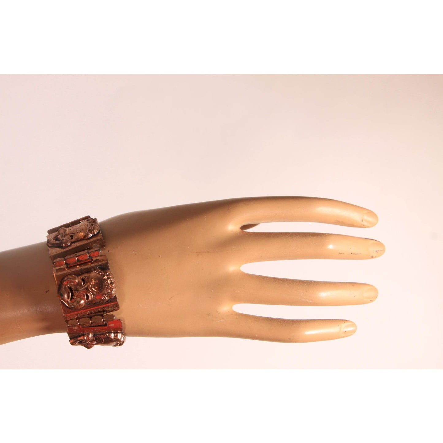 1950s Copper Comedy and Tragedy Mask Bracelet with Matching Earrings Jewelry Set by Renoir