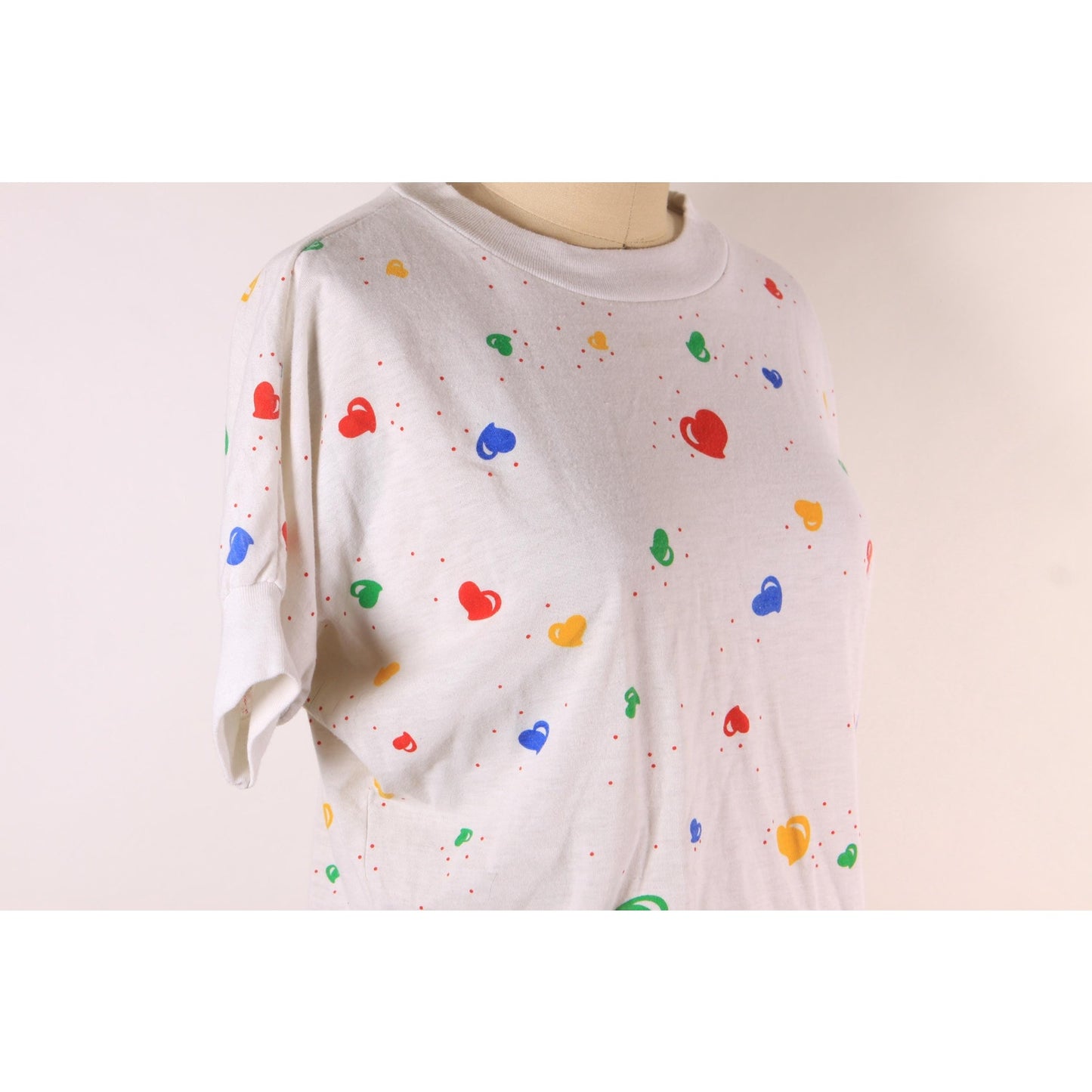 1980s White, Red, Yellow, Blue and Green Novelty Clowncore Heart Print Short Sleeve T-Shirt -S