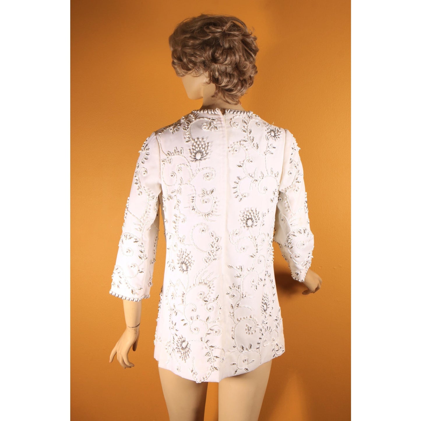 1960s White Heavily Beaded Floral Swirl 3/4 Length Sleeve Tunic Mini Dress by Cavanagh's Virgin Islands