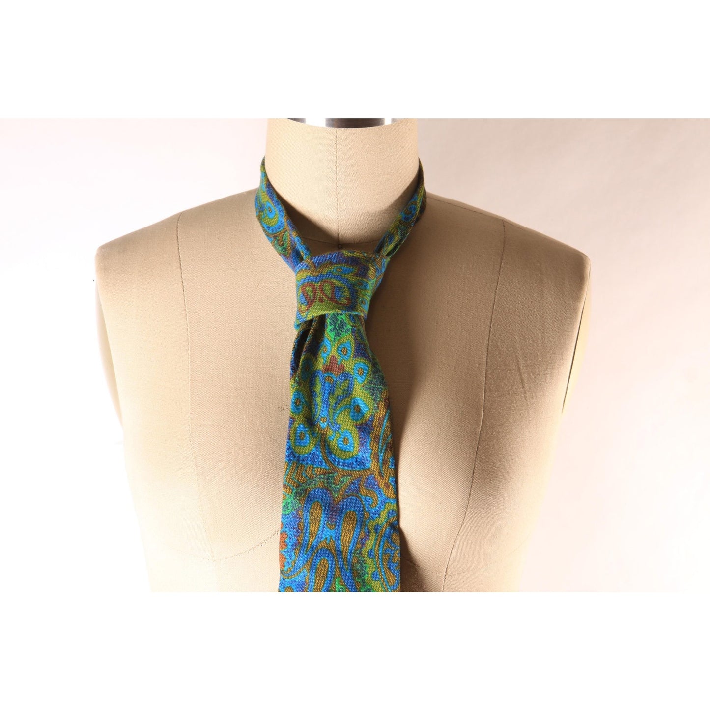 1960s Blue, Green and Tan Paisley Pscyhedelic Necktie