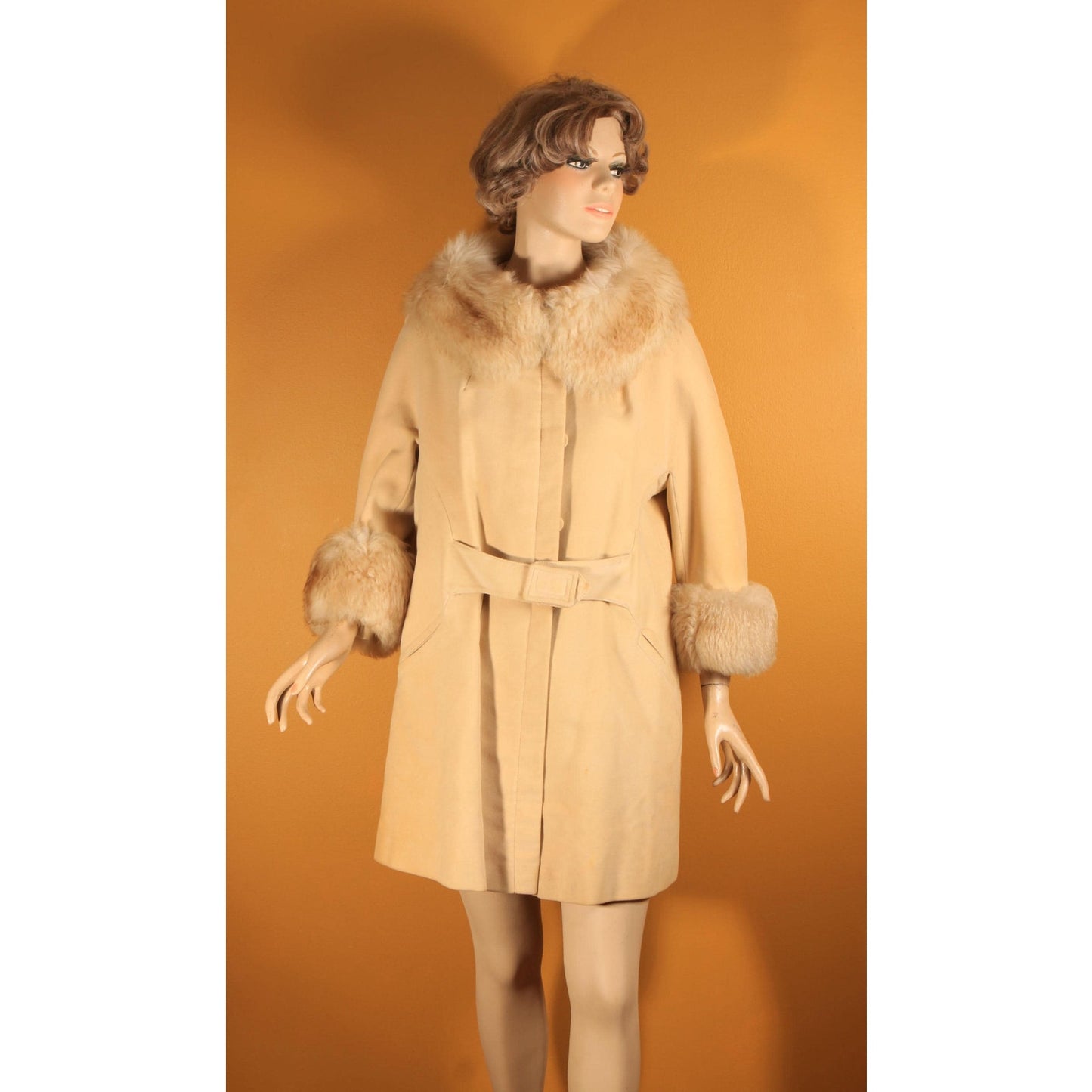 1960s Cream Tan Velvet Bracelet Sleeve Shearling Cuff and Collar Belted Coat by Country Pacer -M-L