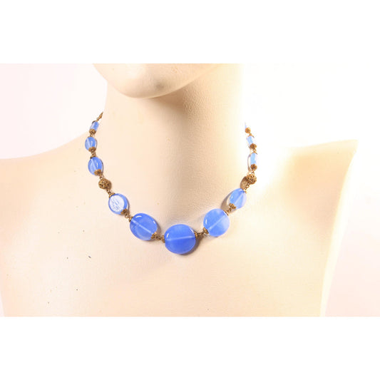 1940s 1950s Periwinkle Purple Blue Circle Disc Glass and Brass Metal Beaded Necklace