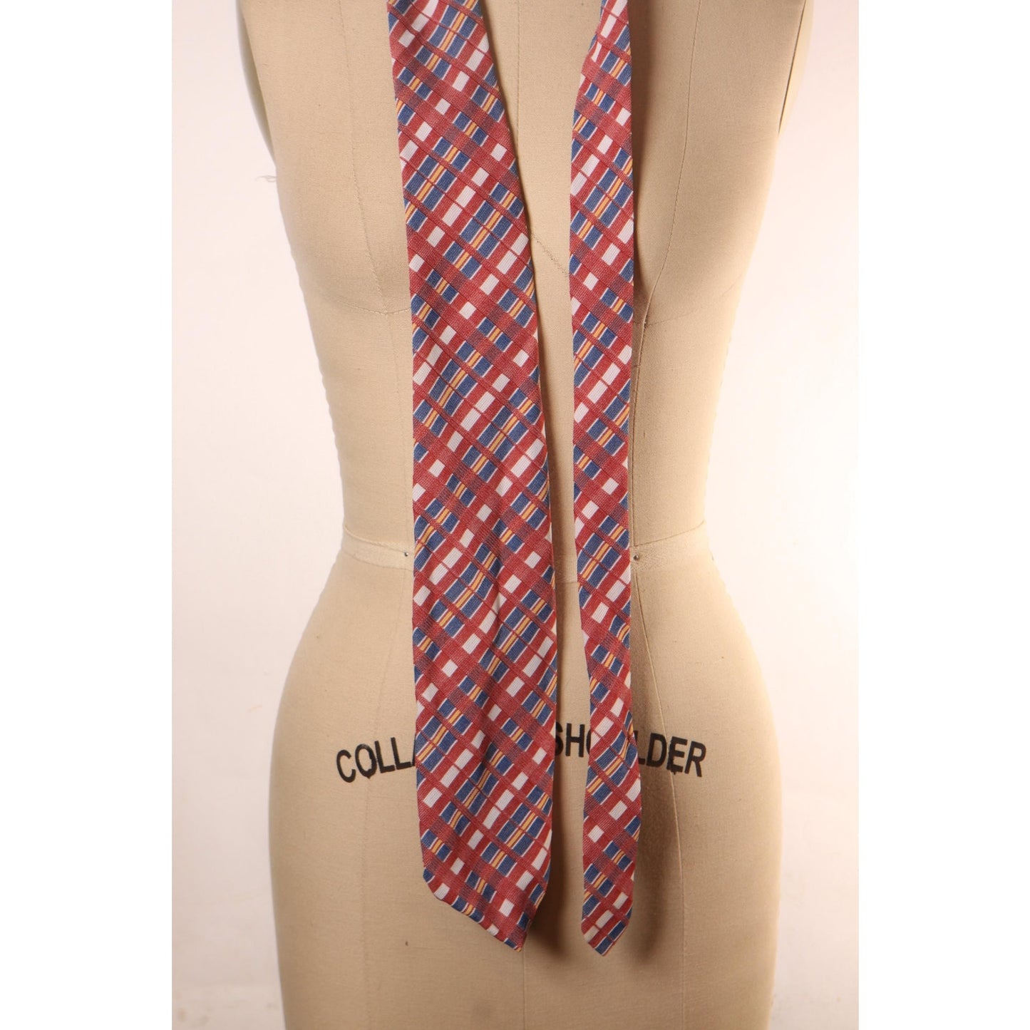 1970s Red, Blue, Yellow and White Plaid Polyester Wide Necktie Tie