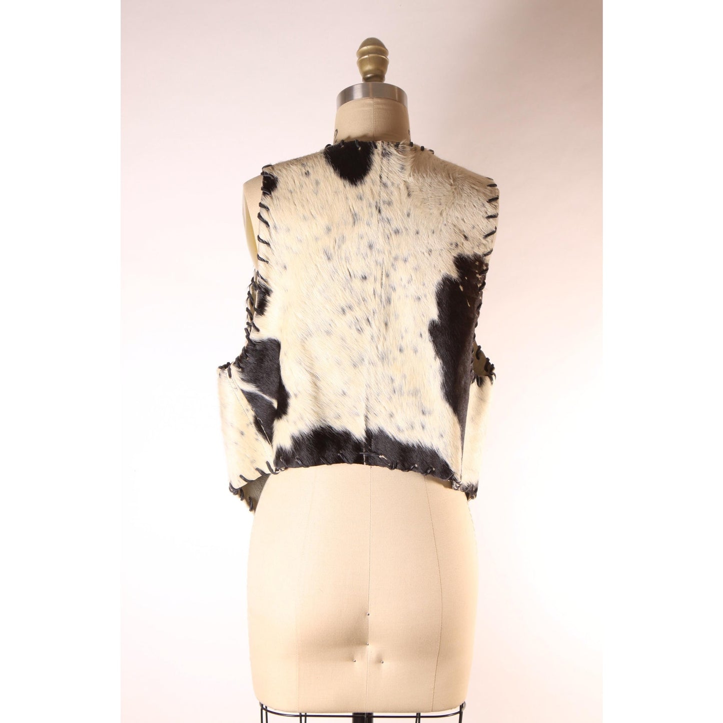 1970s Black and White Cowhide Leather Hair Cow Print Open Front Western Cowgirl Vest