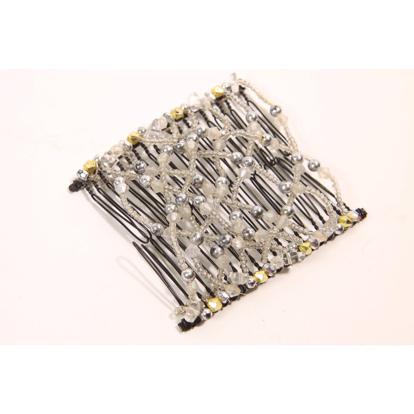 1990s 2000s Y2K Black, Silver and Gold Beaded EZ Stretch Hair Comb