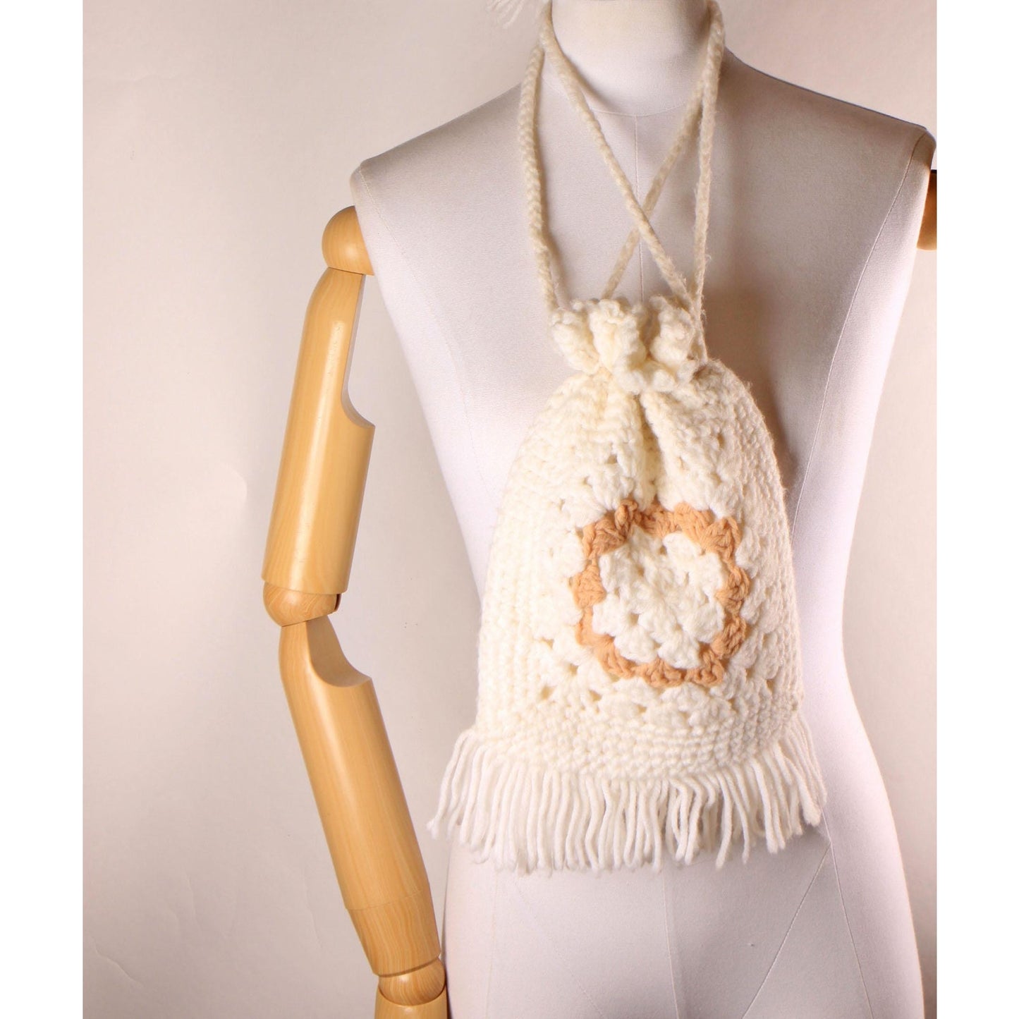 1970s White and Tan Granny Square Crochet Drawstring Fringe Purse Bag