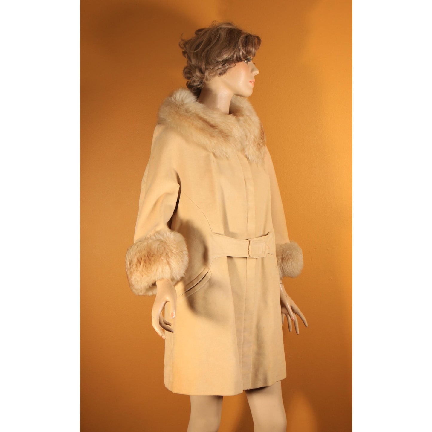 1960s Cream Tan Velvet Bracelet Sleeve Shearling Cuff and Collar Belted Coat by Country Pacer -M-L