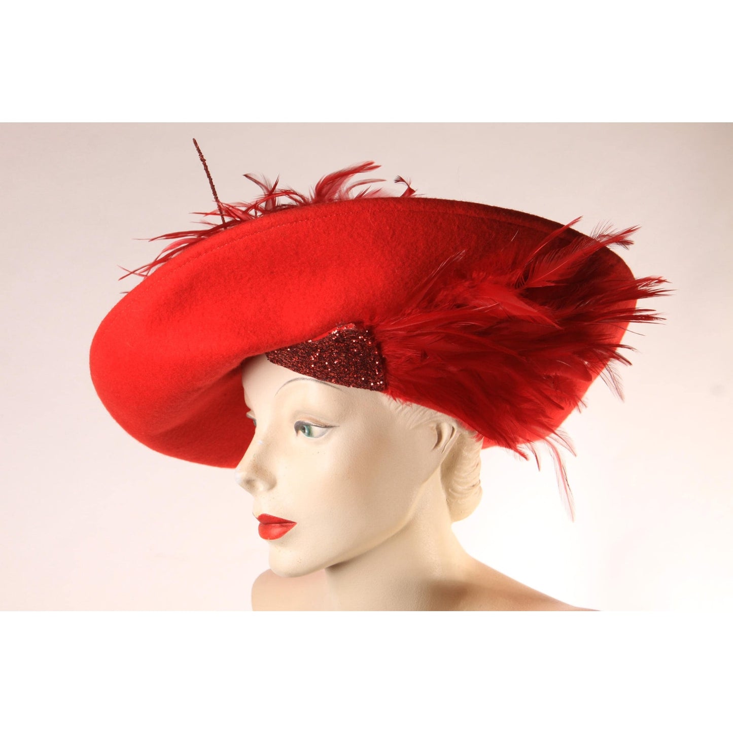 1980s Red Wool Felt Wide Brim Glitter and Feather Avant Garde Formal Hat by Deborah Fashions