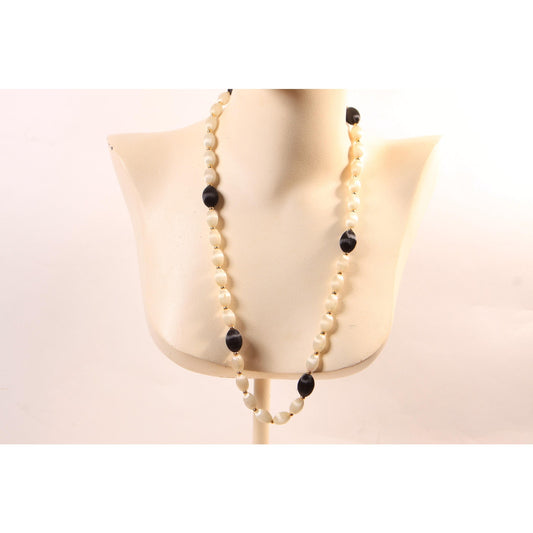 1960s White, Black and Gold Tone Metal Satin Circle Beaded Necklace
