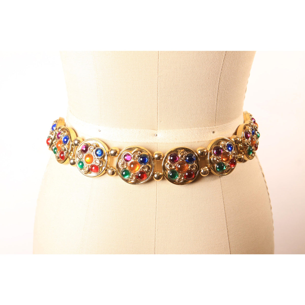 1980s Gold Tone Plastic and Metal Multi-Colored Bedazzled Gemstone Style Chain Belt