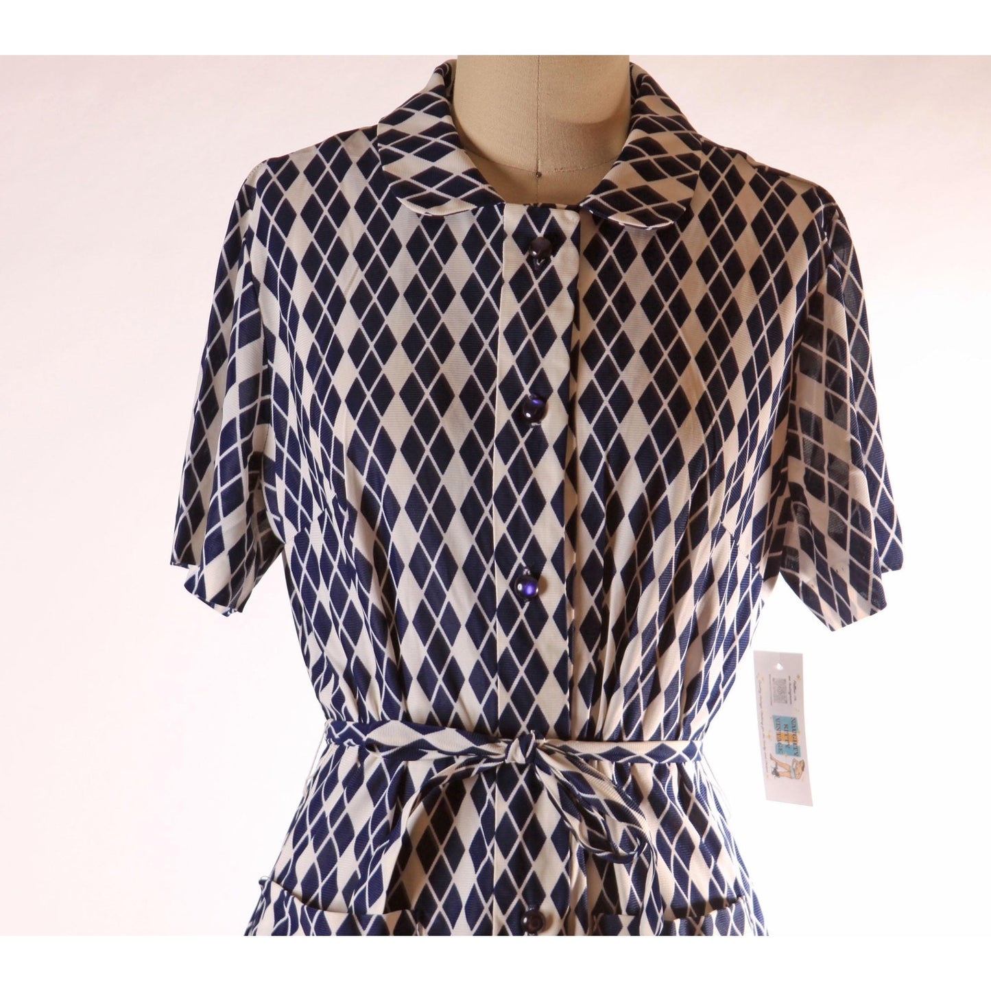 1960s Blue and White Harlequin Print Short Sleeve Belted Dress by RS Apparel -L