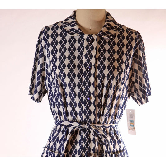 1960s Blue and White Harlequin Print Short Sleeve Belted Dress by RS Apparel -L