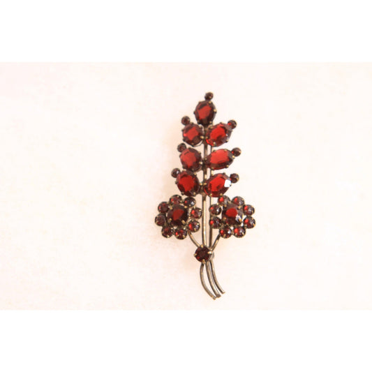 1930s Faux Garnet Red Glass Novelty Floral Leaf Bouquet Czech Slovakia Brooch