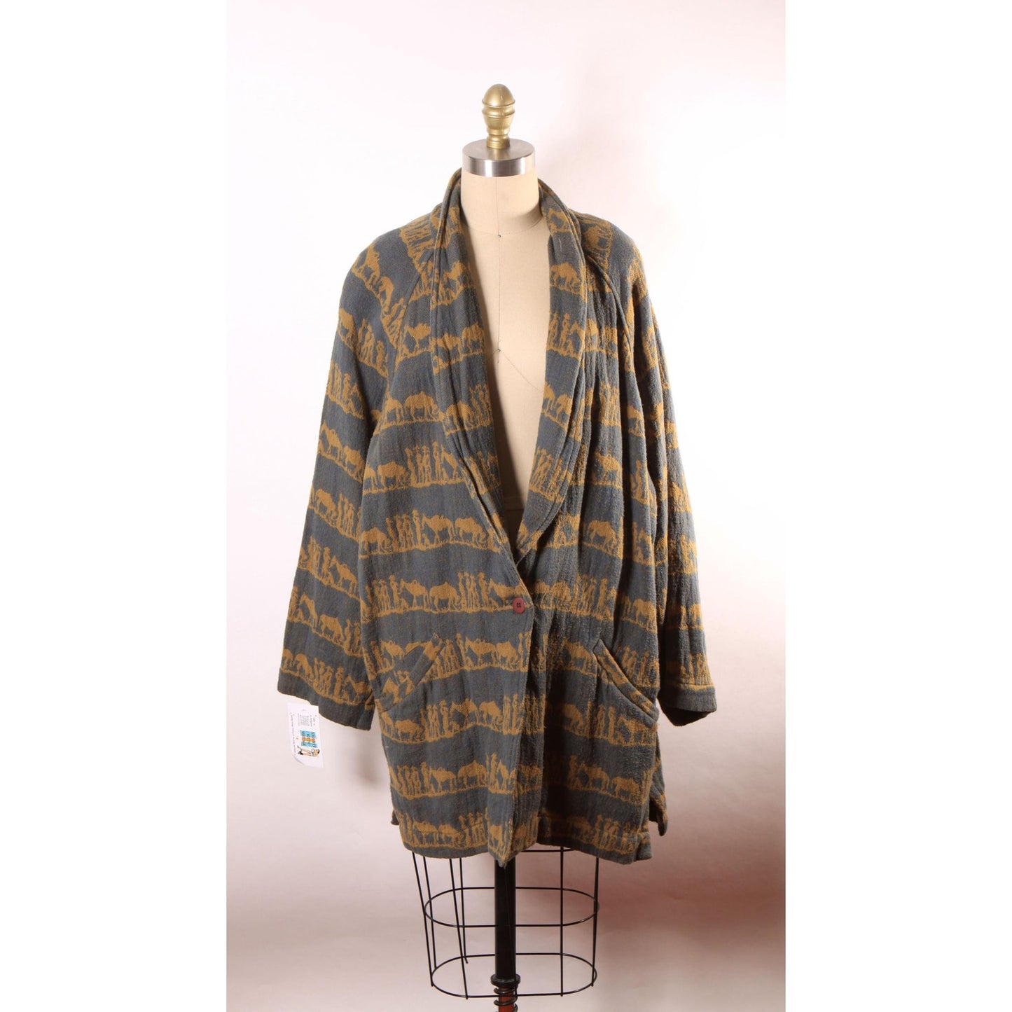 1980s 1990s Gray Green and Yellow Beige Novelty Western Wear Cowboy and Horse Button Down Jacket by New Aura -L