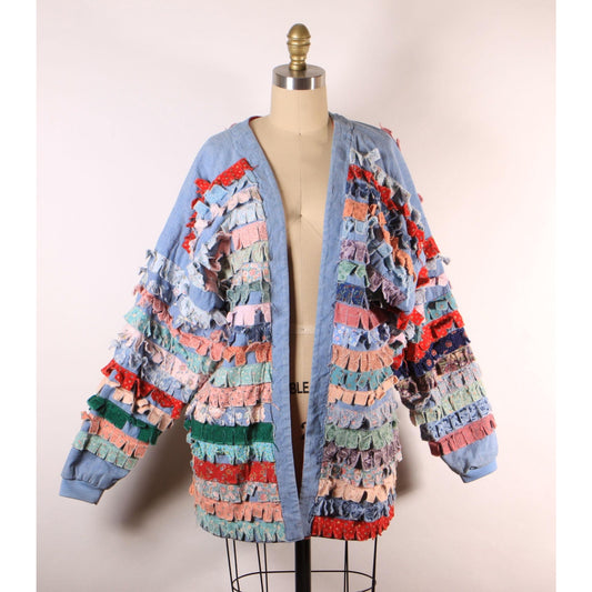 1980s Blue Chambray Multi-Colored Patchwork Quilt Fringe Long Sleeve Open Front Jacket -M-XL