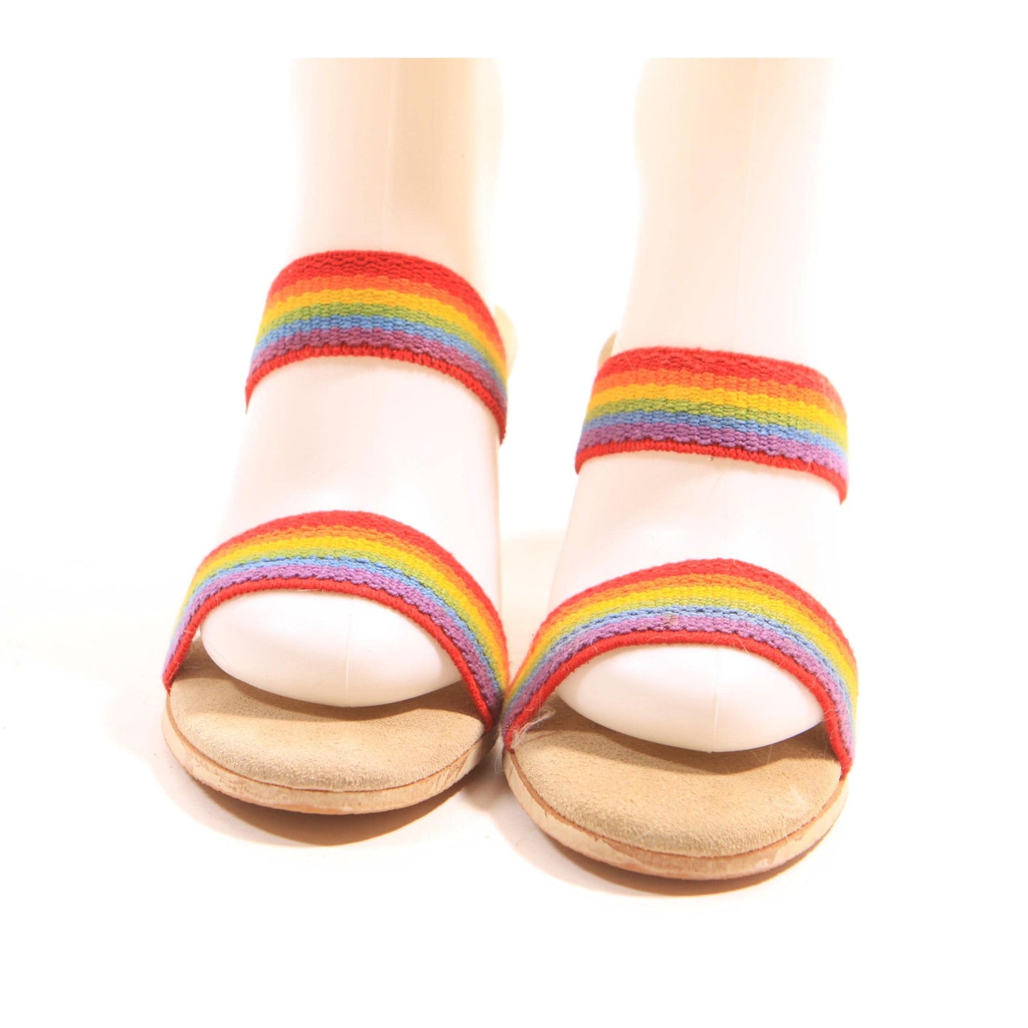 1970s 1980s Rainbow Strap Wedge High Heel Sandals by Kinney Shoes - Size 9
