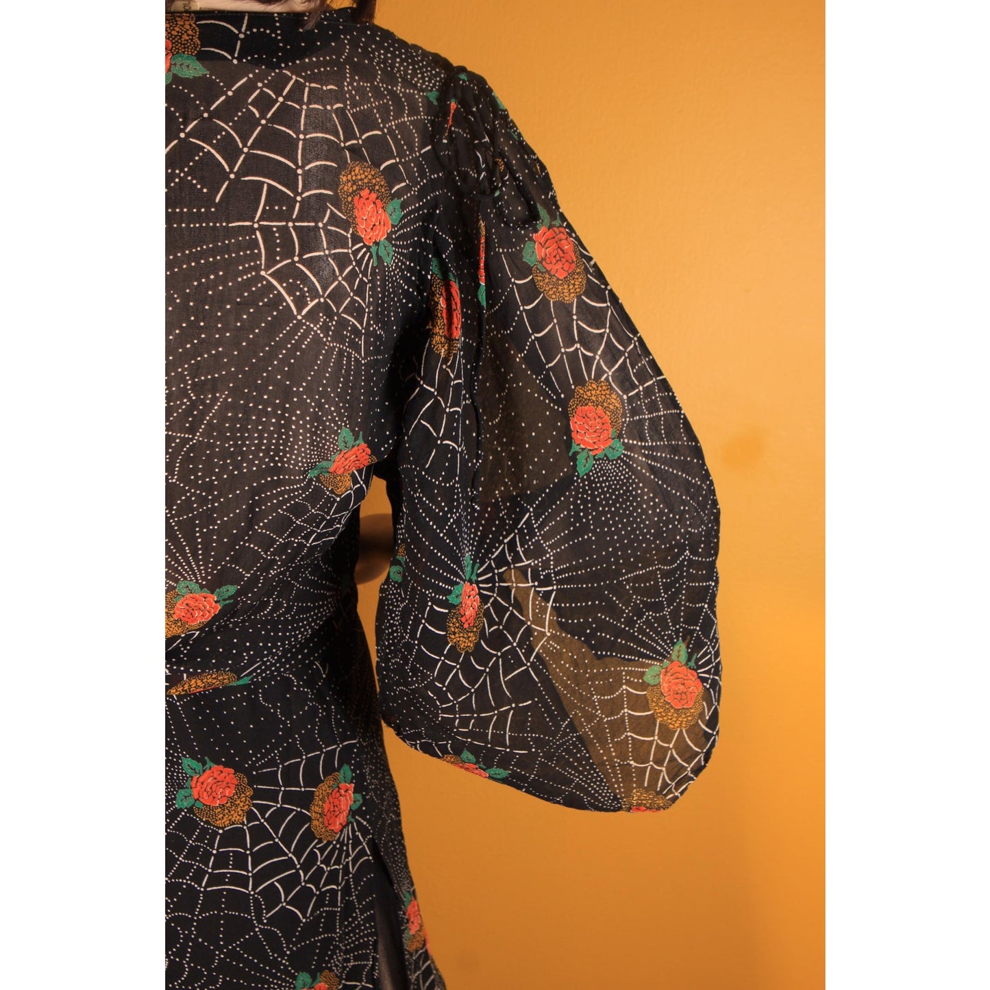 1970s Black, White and Red Novelty Spiderweb and Roses Print Sheer Dress by Saba -S