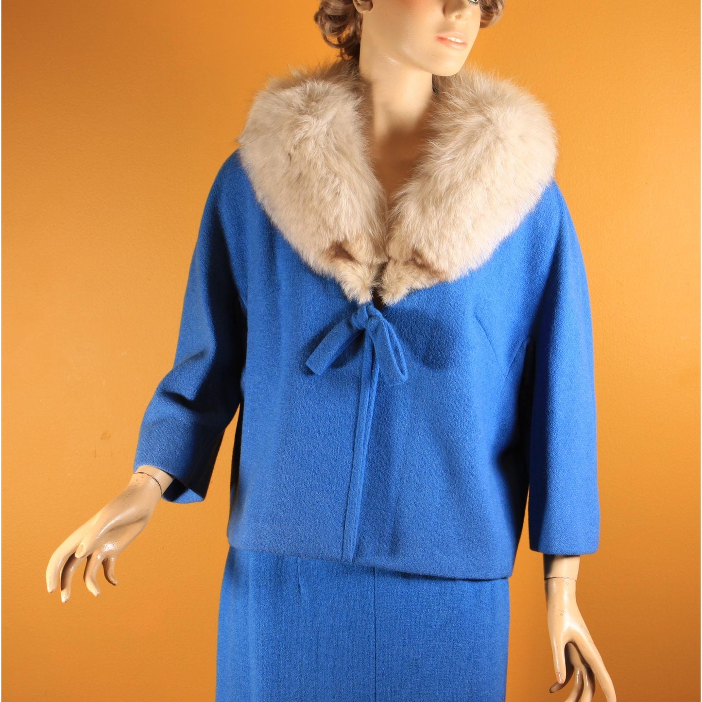 Early 1960s Blue Bracelet Sleeve Fox Fur Collar Jacket with Matching Pencil Skirt Suit Two Piece Outfit by Lilli Ann -1XL