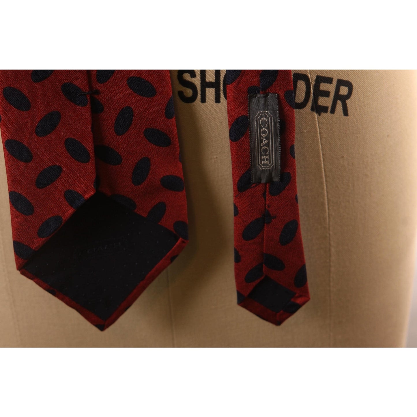 1980s Dark Red and Navy Blue Dot Print Necktie Tie by Coach