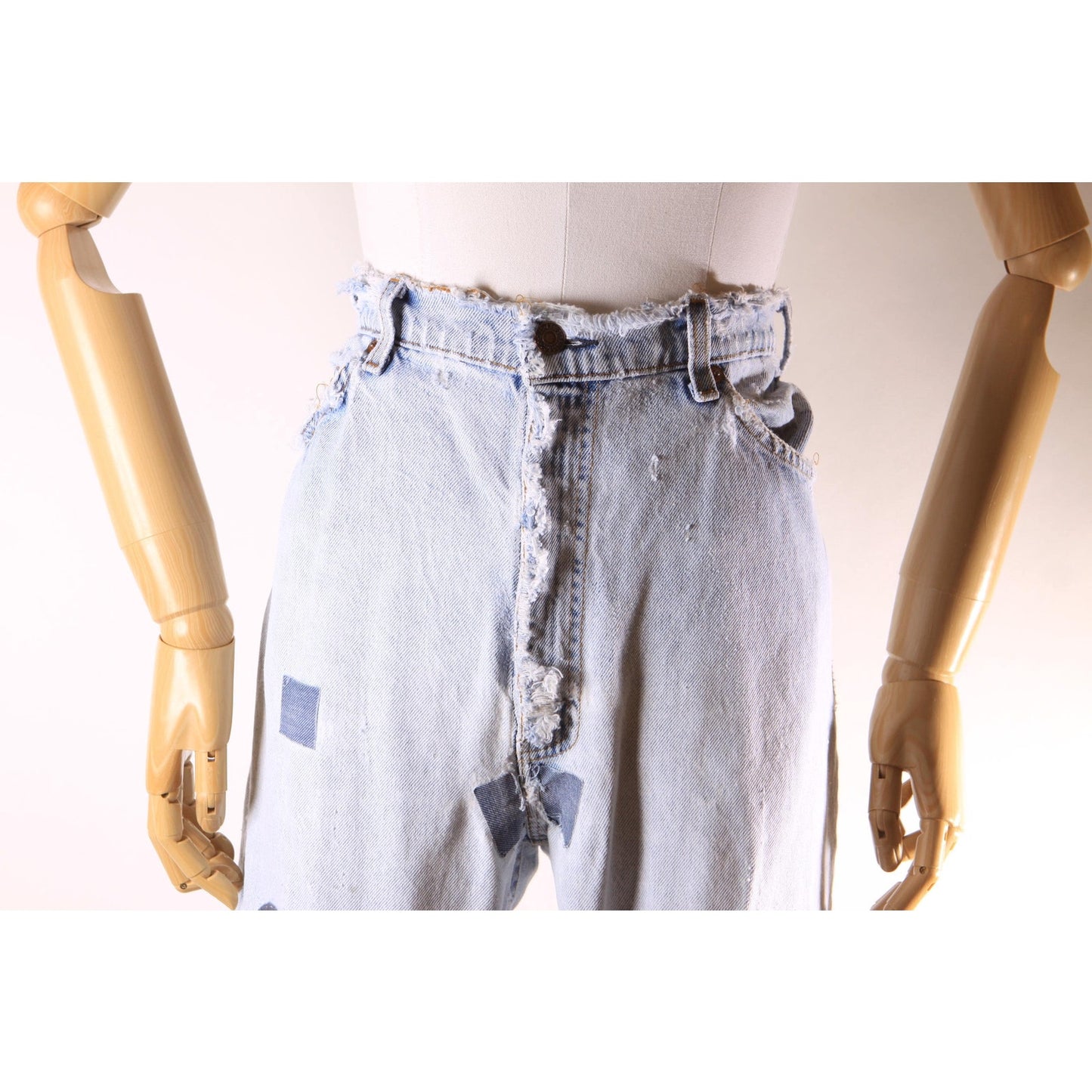 1980s Distressed Patch Fraying Blue Denim Orange Tab 517 Jeans by Levi's -38x29
