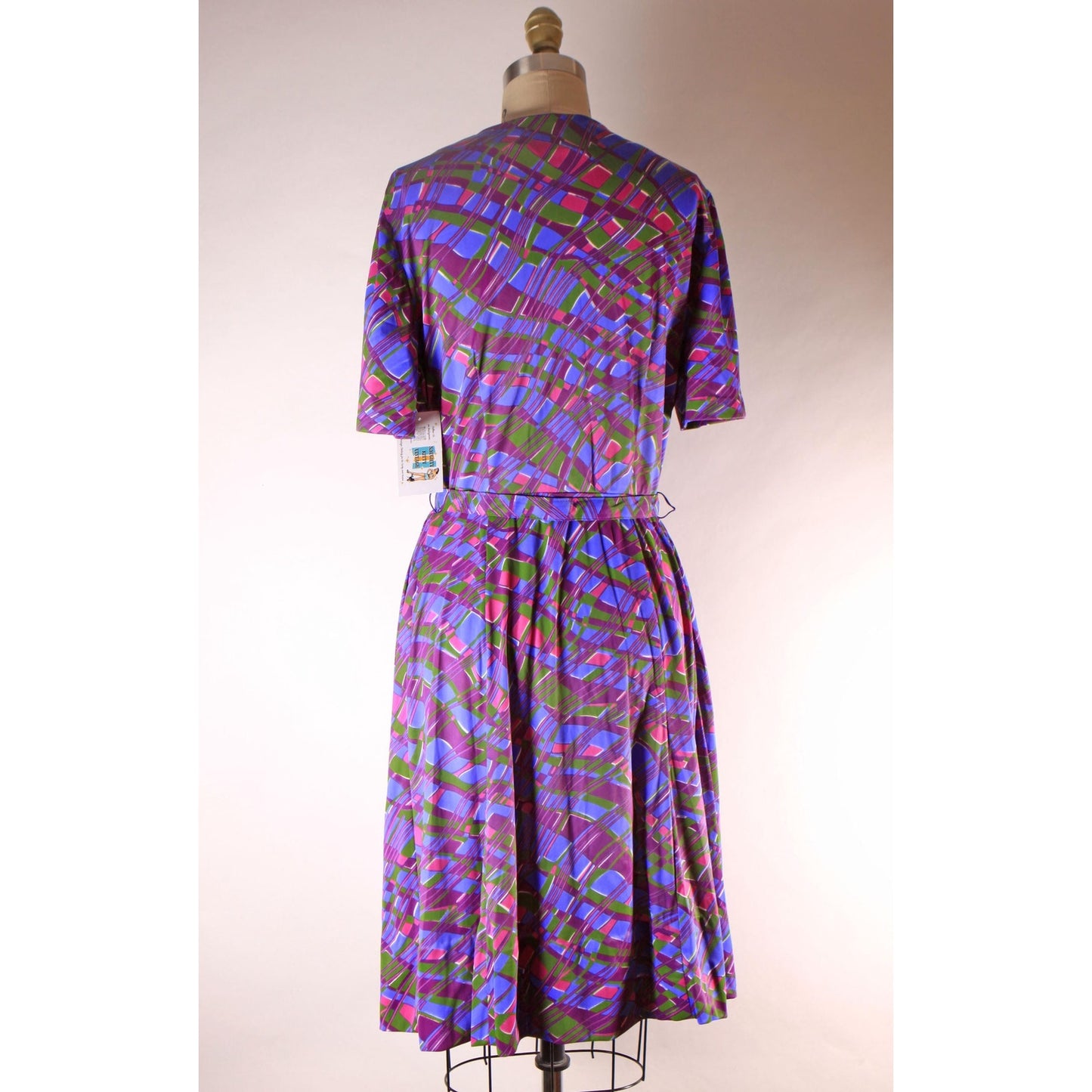 1960s Purple, Pink and Green Abstract Plaid Psychedelic Short Sleeve Belted Dress by Casualmaker -L