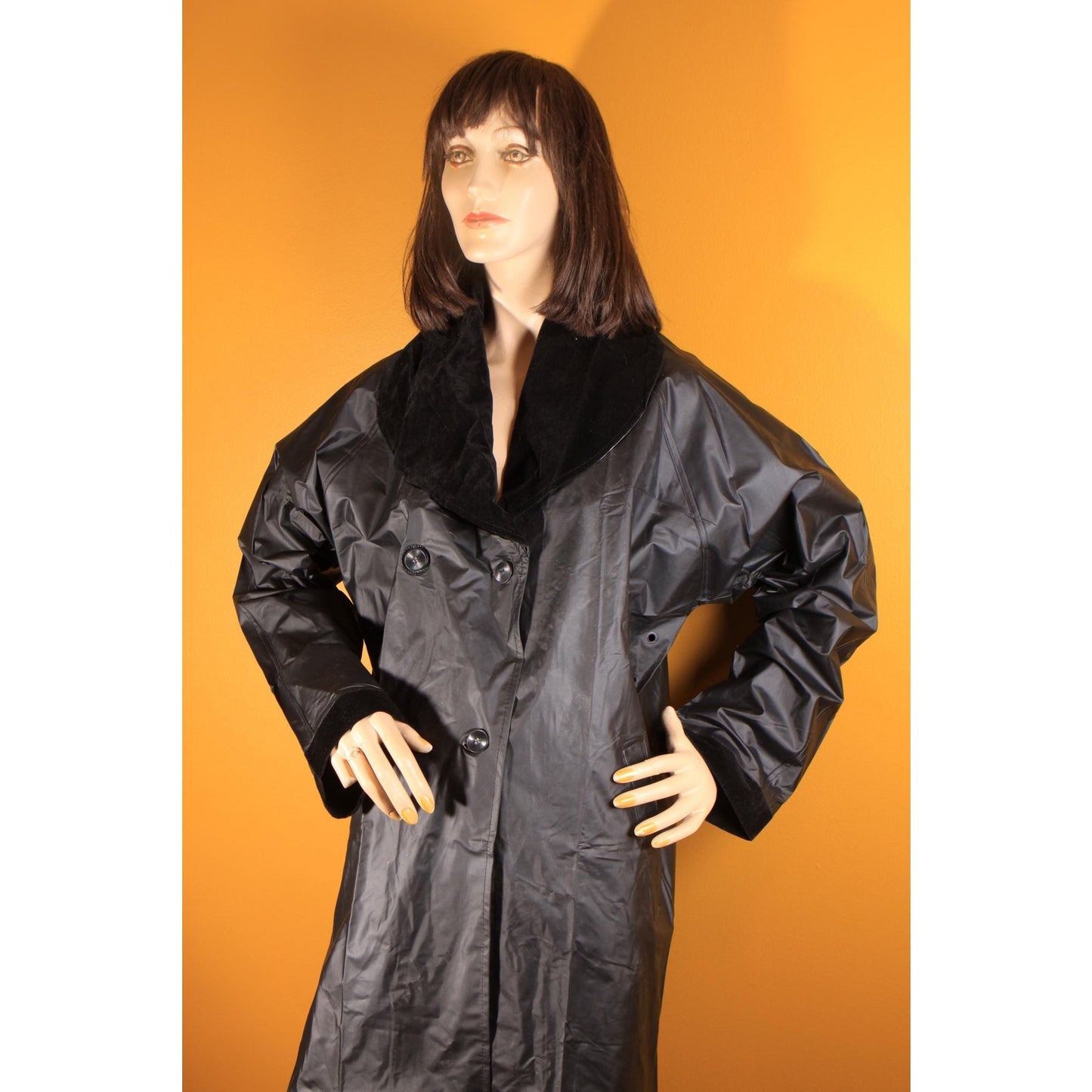1980s Black Vinyl Velvet Trim Button Down Raincoat -XL