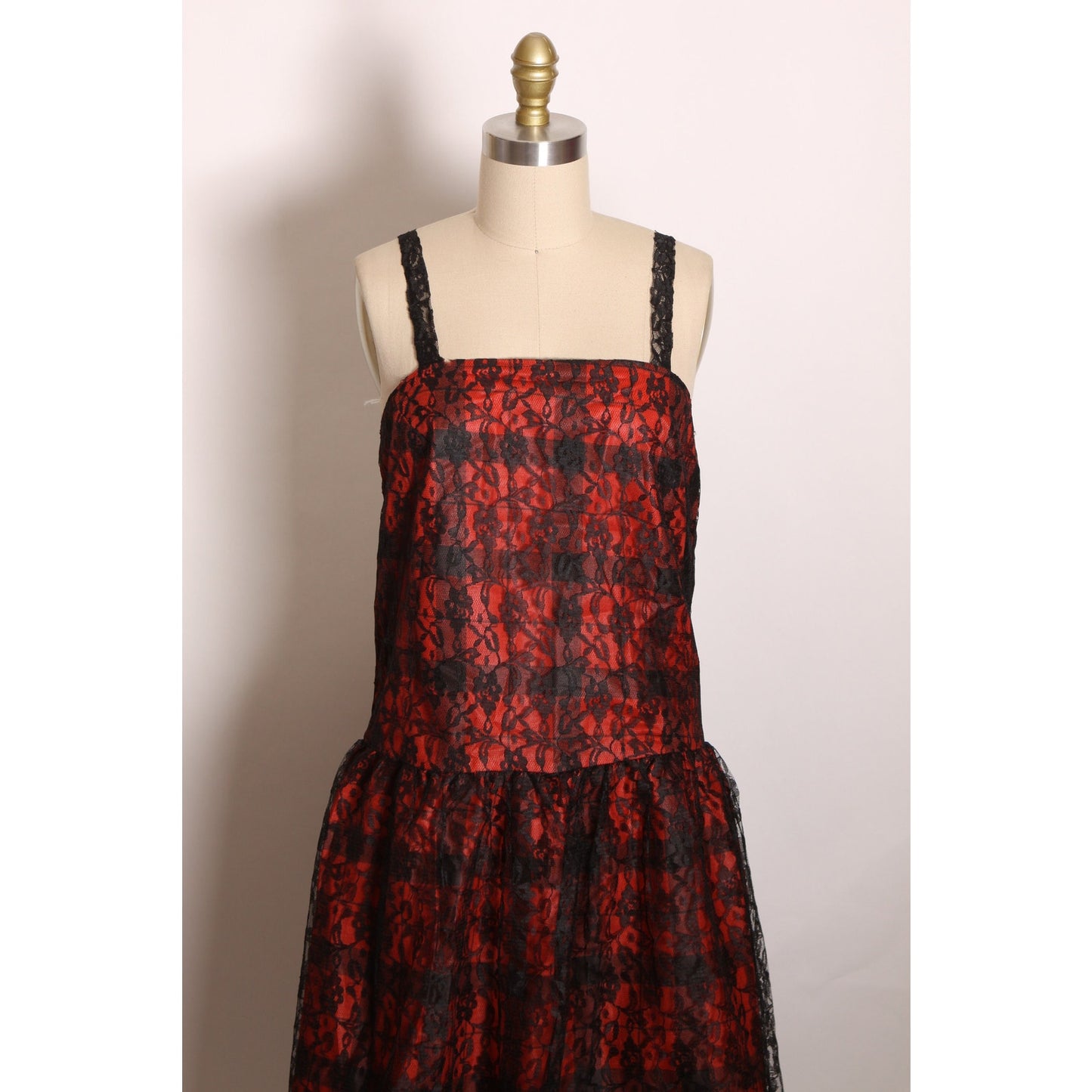 Deadstock 1970s Black and Red Gothic Lace and Plaid Print Lace Strap Sleeveless Dress by Purrr’s -S-M
