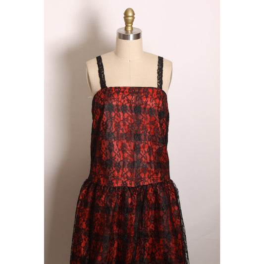 Deadstock 1970s Black and Red Gothic Lace and Plaid Print Lace Strap Sleeveless Dress by Purrr’s -S-M