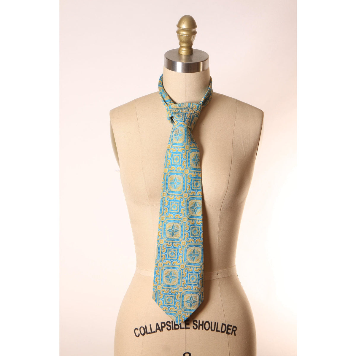 1970s Turquoise Blue and Yellow Patterned Wide Necktie Tie by Towncraft JCPenney