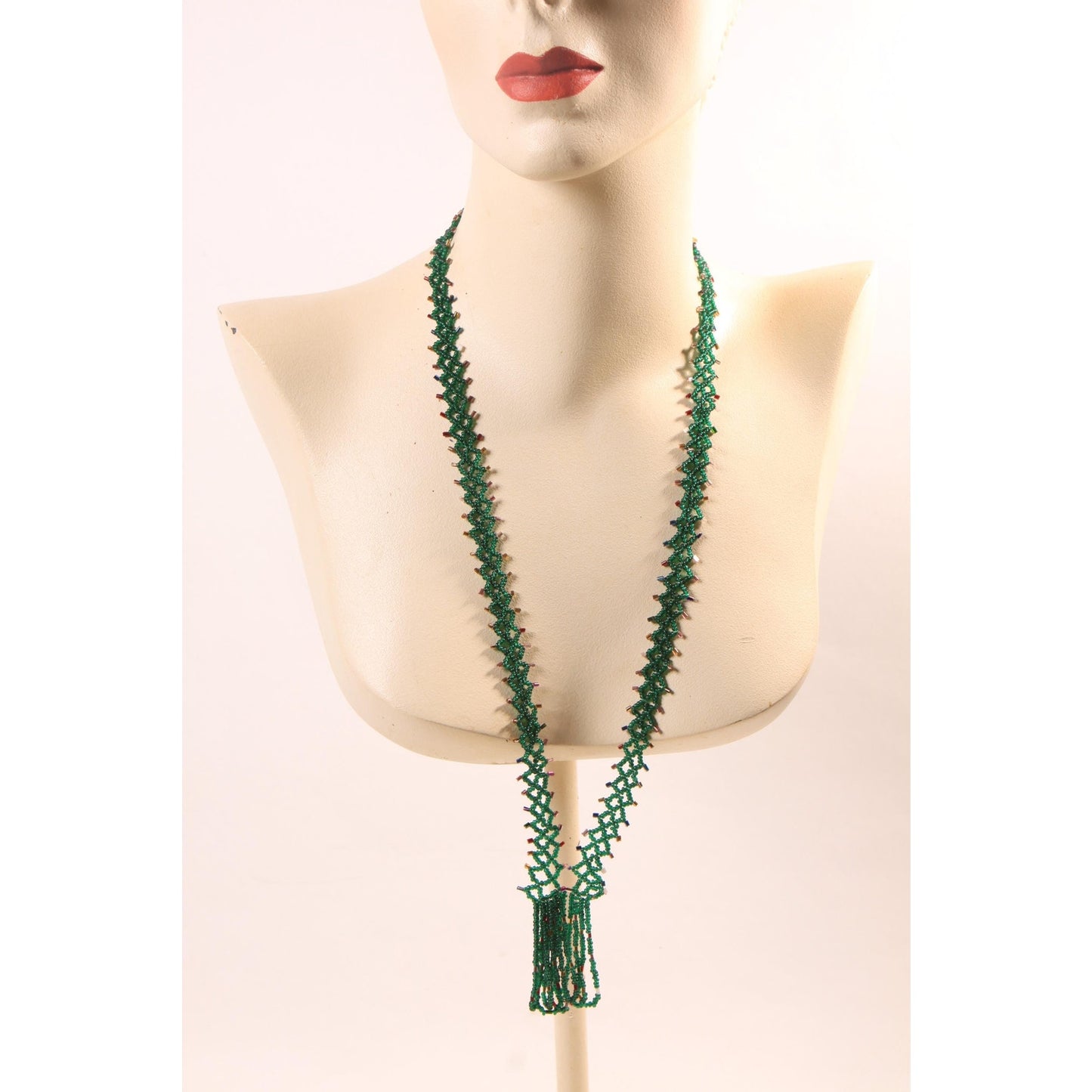 1920s Dark Green Glass Beaded Tassel Fringe Flapper Necklace