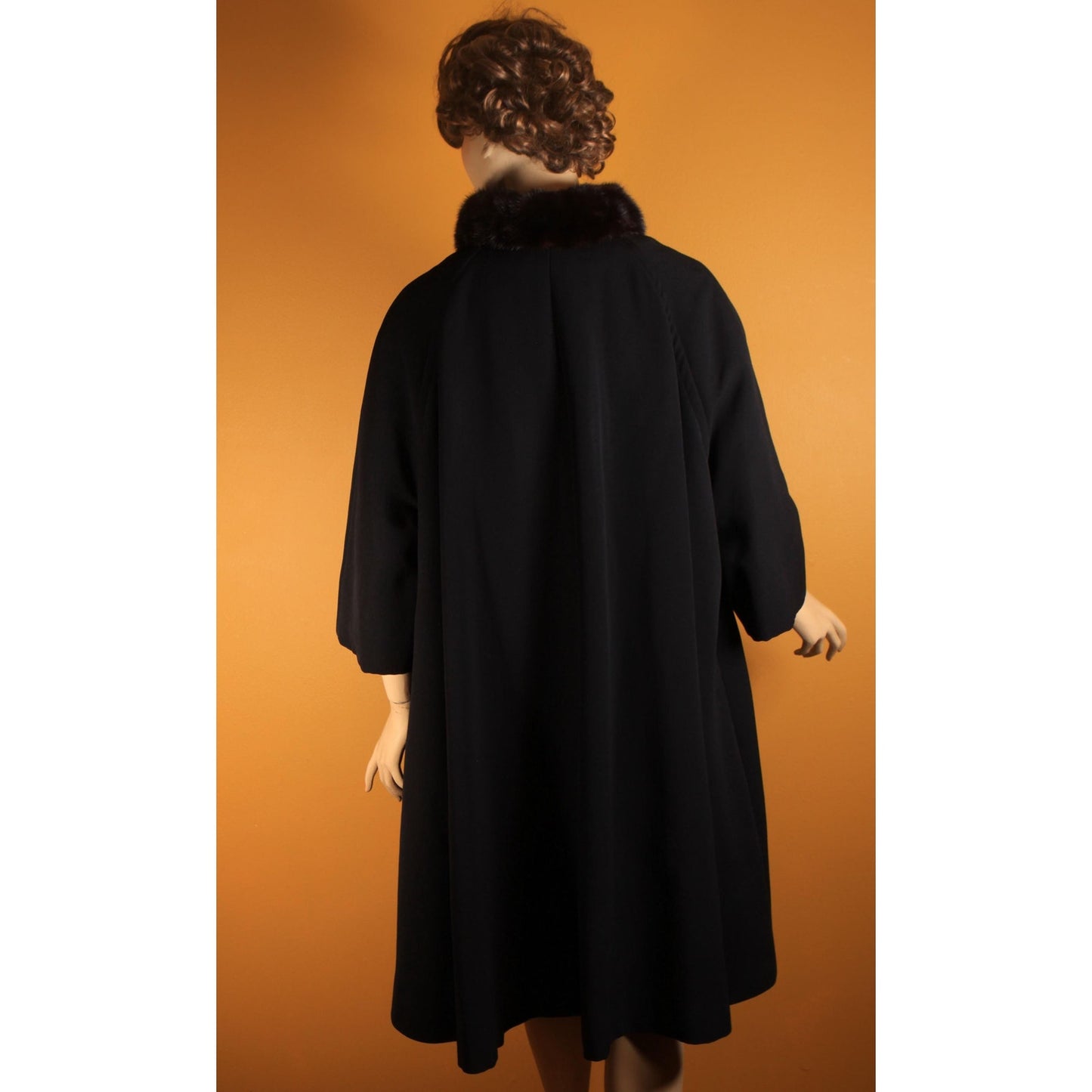 1950s Black Bracelet Sleeve Mink Fur Collar Swing Coat by Netter's -XL