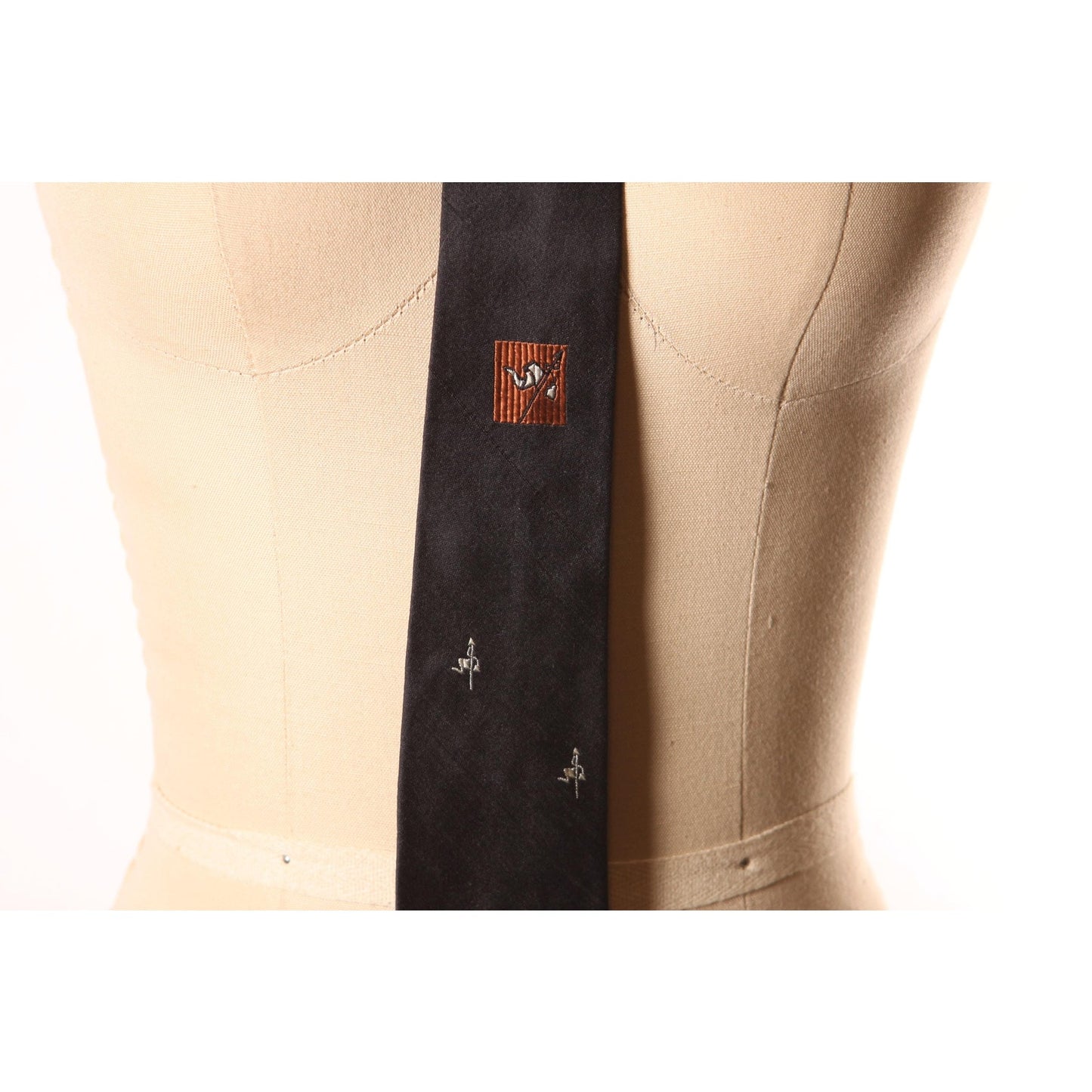 1950s Black and Brown Banner Flag Embroidered Necktie Tie by Baxter & Henning