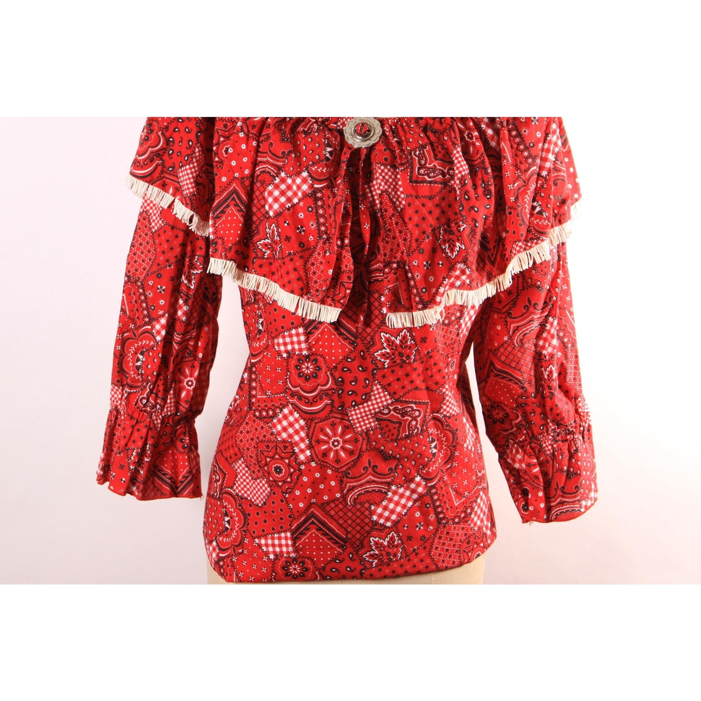 1980s Red, Black and White Novelty Bandana Print Fringe Trim Western Cowgirl Off the Shoulder Blouse Top -M