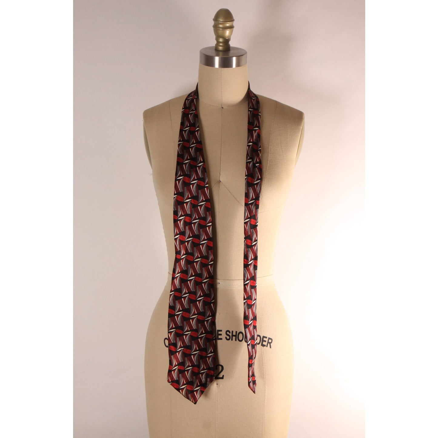 1980s 1990s Geometric Red, Gray, Black and White Necktie Tie by Insignia