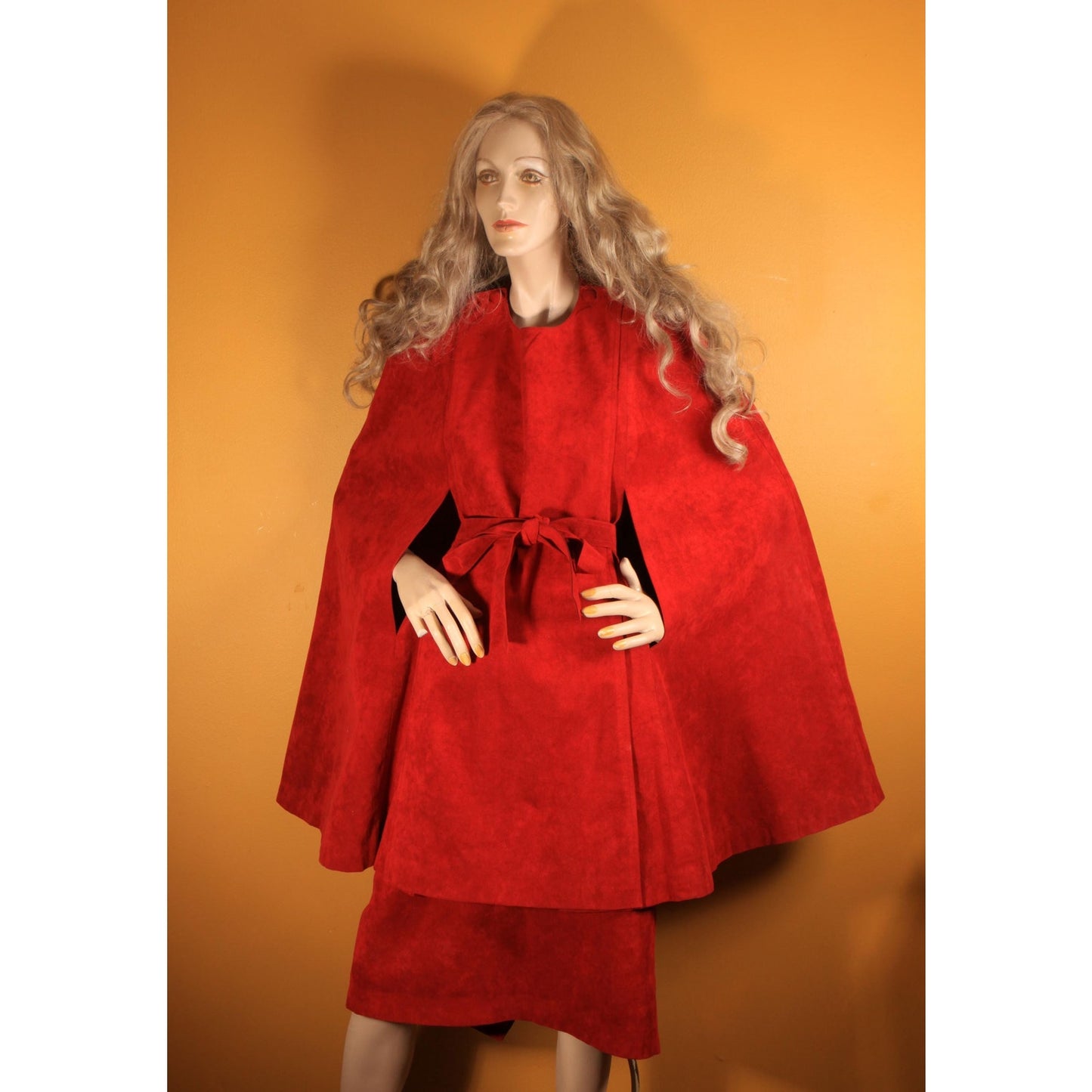 1970s Dark Red Microsuede Belted Cape with Matching Skirt Two Piece Outfit Skirt Suit -XL