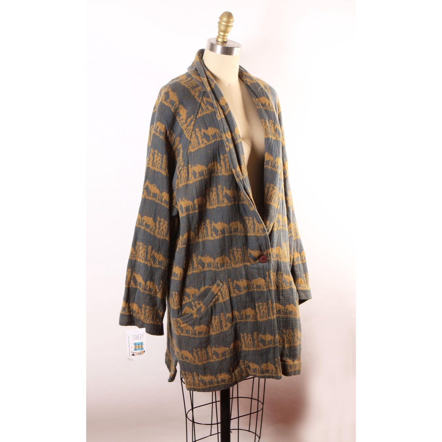 1980s 1990s Gray Green and Yellow Beige Novelty Western Wear Cowboy and Horse Button Down Jacket by New Aura -L