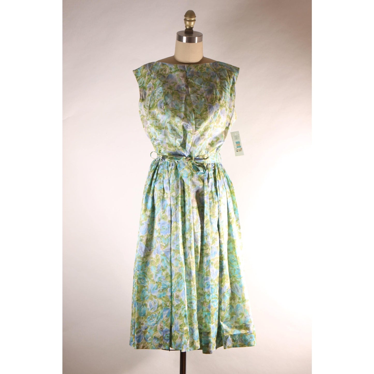 1950s Blue and Green Floral Sleeveless Belted Flared Dress