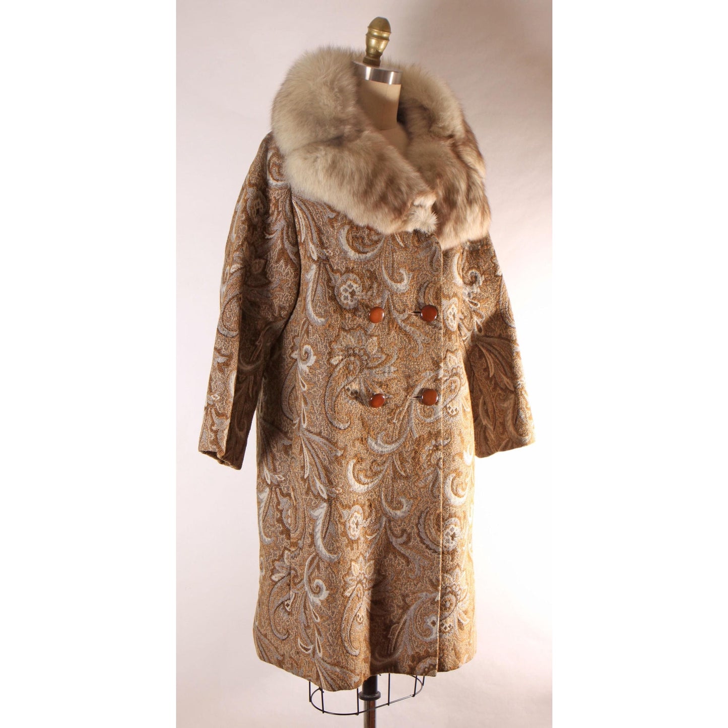 1960s Brown and Blue Gray Swirl Paisley Tapestry Fox Fur Collar Carpet Coat