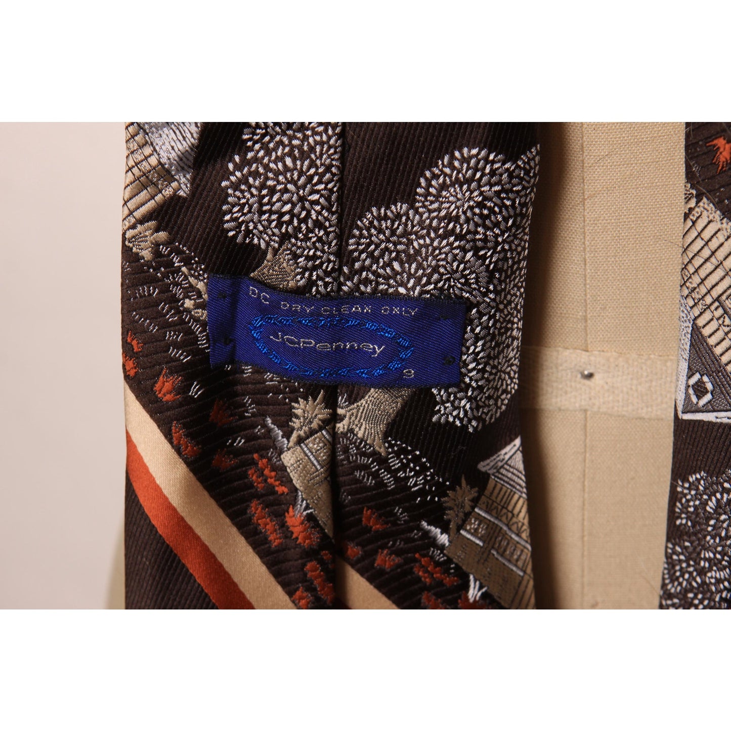 1970s Brown, White and Orange Novelty House Print Wide Necktie Tie by JCPenney