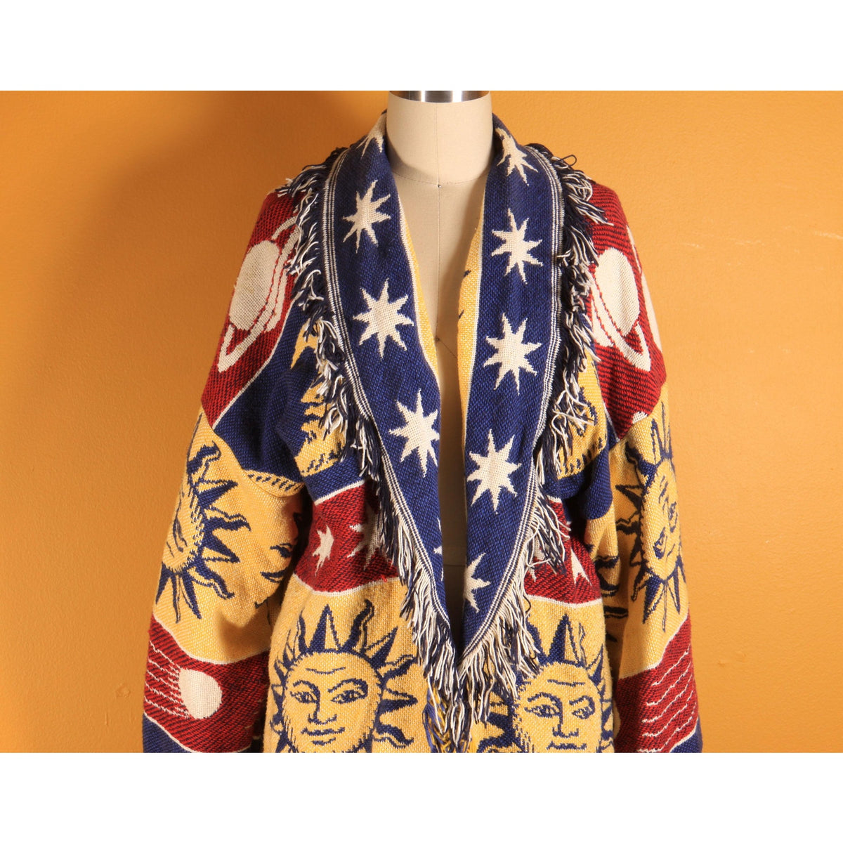 1990s Navy Blue, Yellow, Red and White Novelty Celestial Sun, Moon and Stars Fringe Tapestry Quilt Blanket Jacket Coat -M-XL