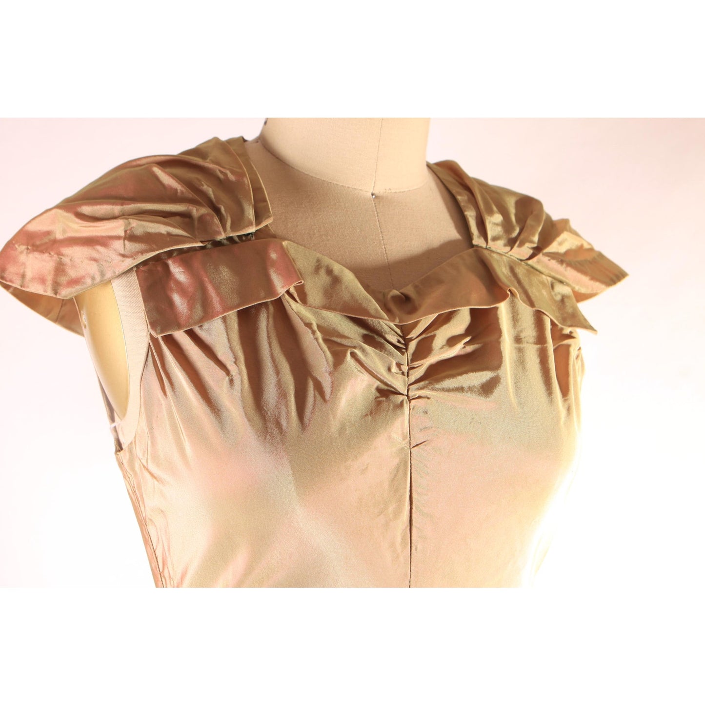 1940s Bronze Brown and Green Sharkskin Acetate Sleeveless Attached Wrap Full Length Formal Prom Dress -XS