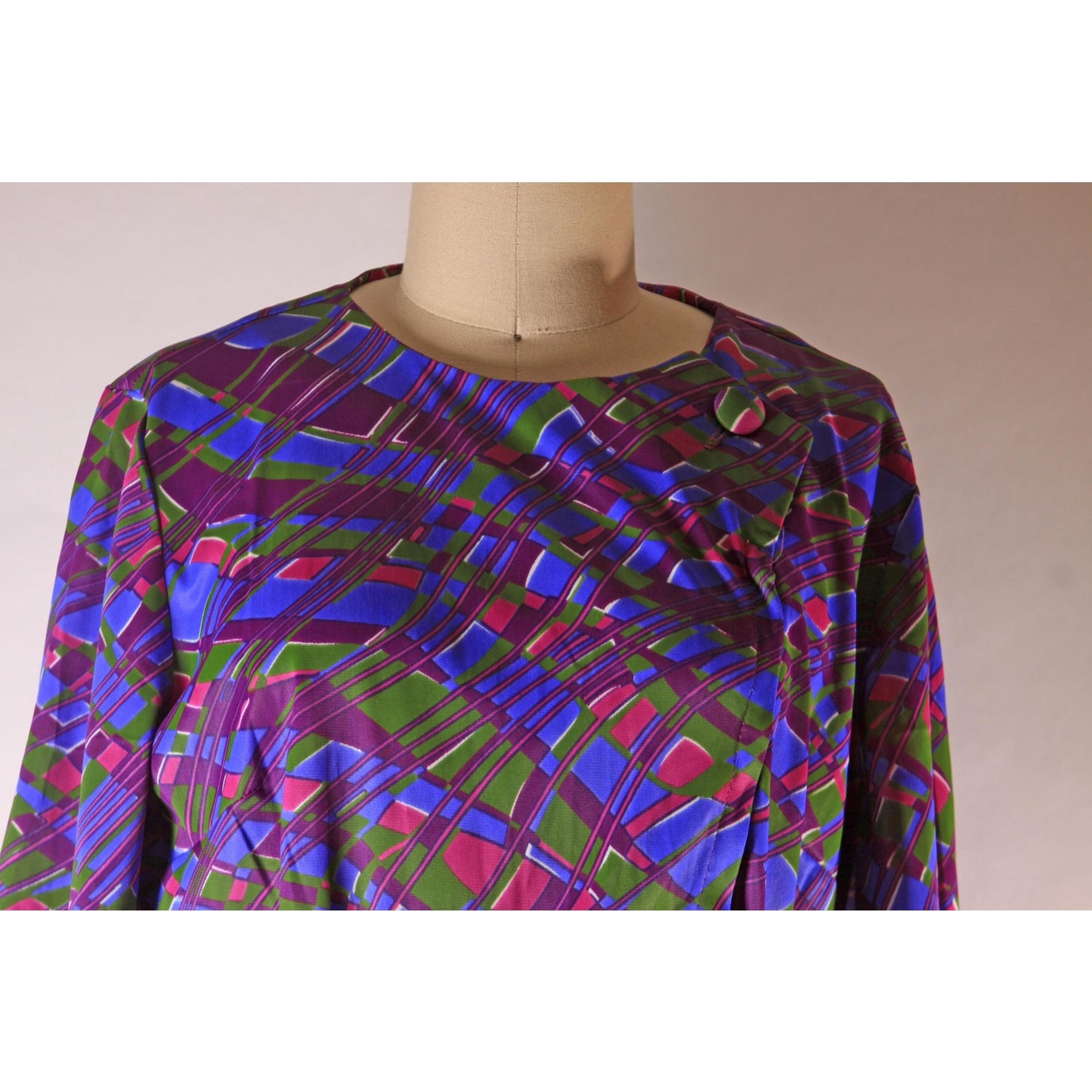 1960s Purple, Pink and Green Abstract Plaid Psychedelic Short Sleeve Belted Dress by Casualmaker -L