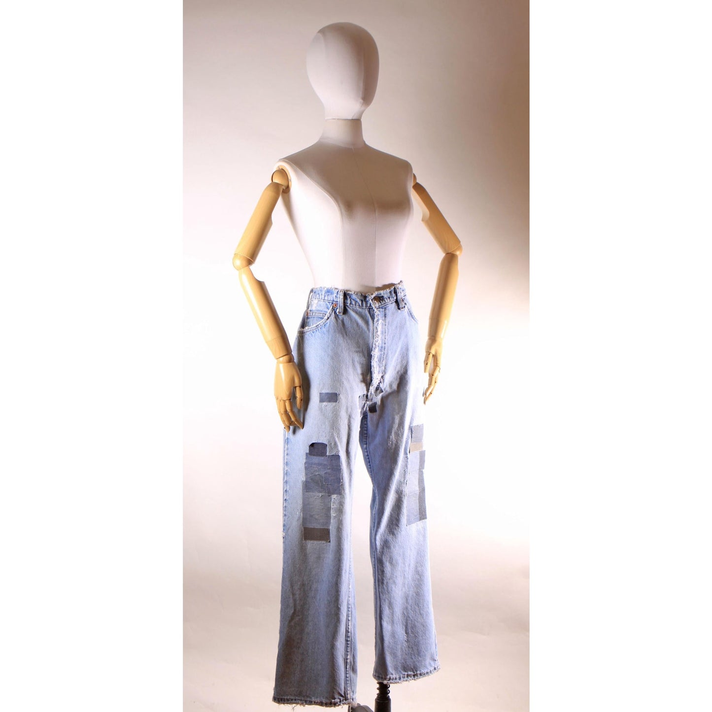 1980s Distressed Patch Fraying Blue Denim Orange Tab 517 Jeans by Levi's -38x30