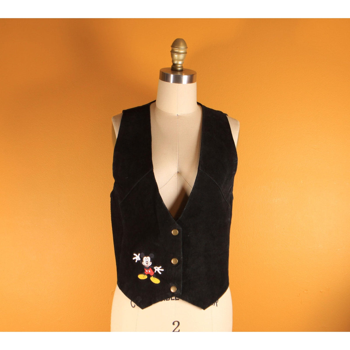1980s 1990s Black Suede Leather Embroidered Mickey Mouse Vest by Mickey Unlimited -S/M