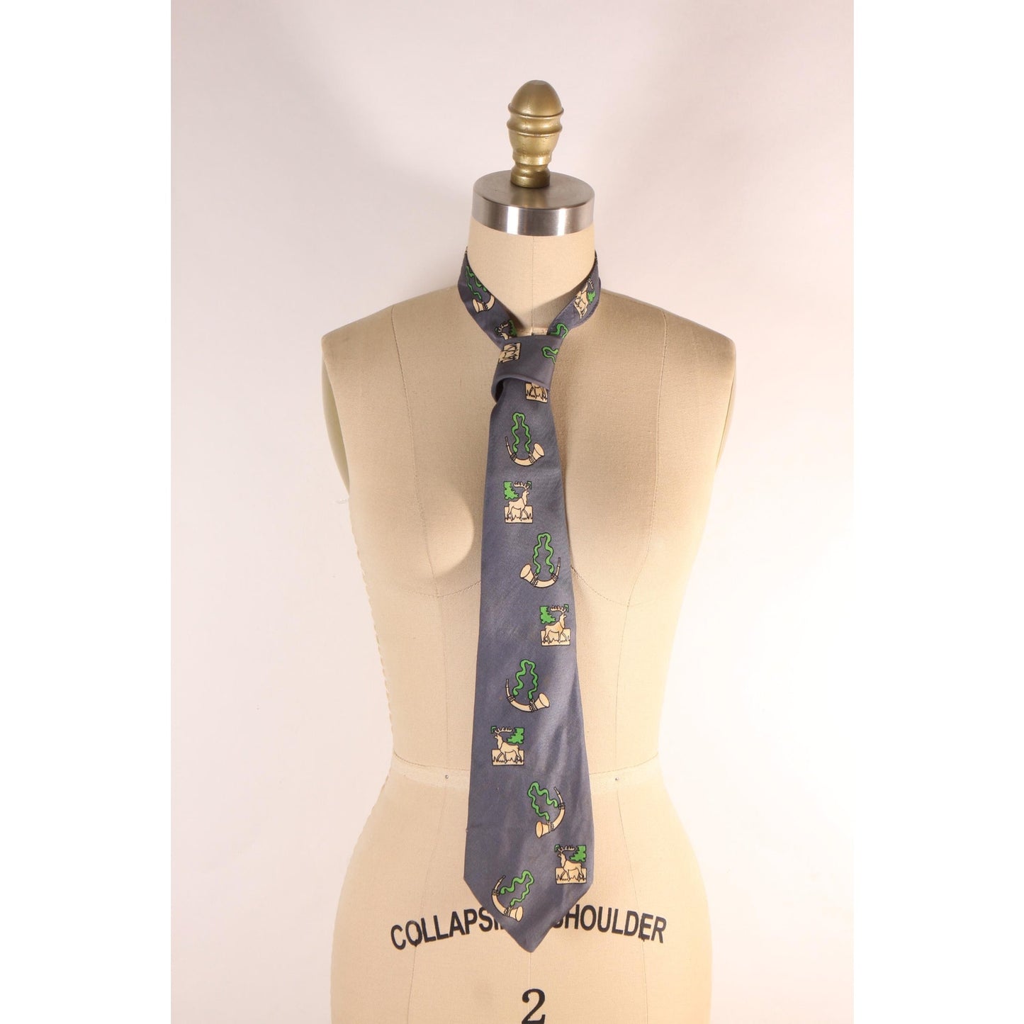 1950s Gray, Green and White Novelty Deer Elk Necktie Tie by Masterpiece by Beau Brummell