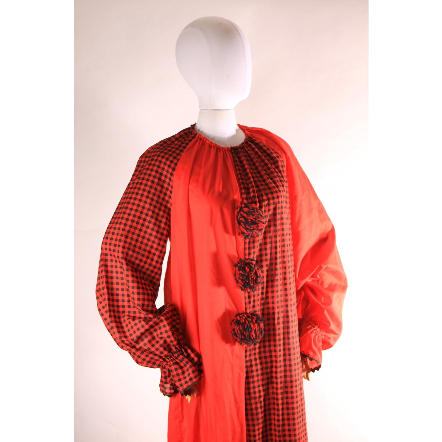 1970s Red and Black Plaid One Piece Pom Pom Halloween Clown Costume