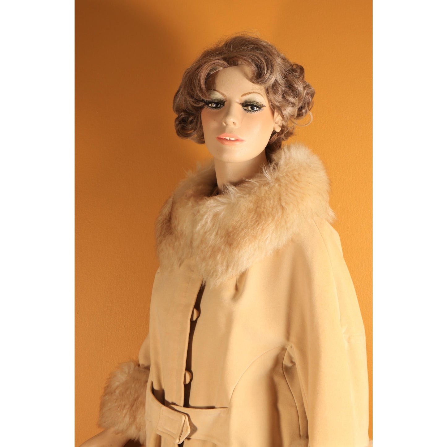 1960s Cream Tan Velvet Bracelet Sleeve Shearling Cuff and Collar Belted Coat by Country Pacer -M-L